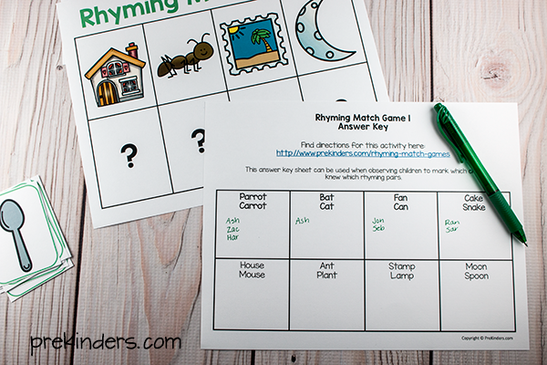 Rhyming Match Game Assessment Sheet & Answer Key