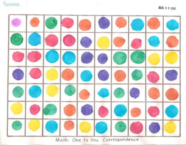 One to One Correspondence: stamp bingo dot markers in squares