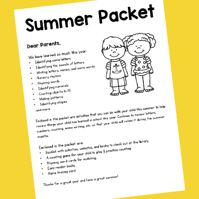 Parent Letter for the Summer Packet