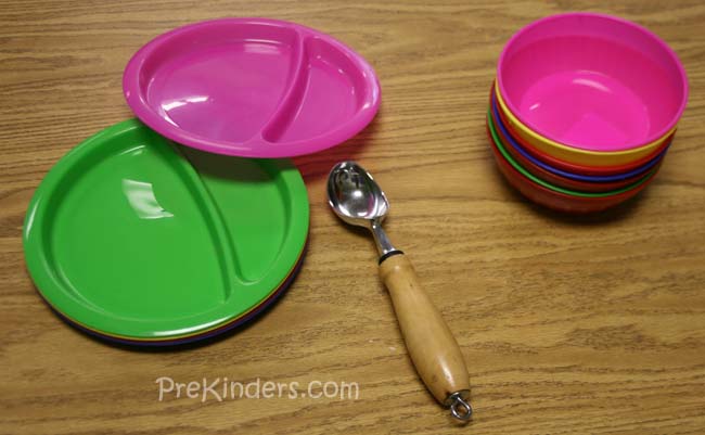 plastic plates, bowls, ice cream scoops are great tools for play dough