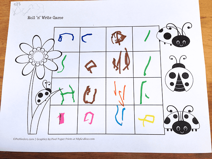 bug roll and write sample from a preschool child