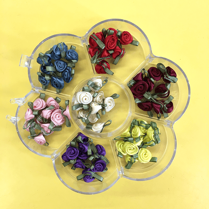mini flowers made of ribbon, available in craft stores