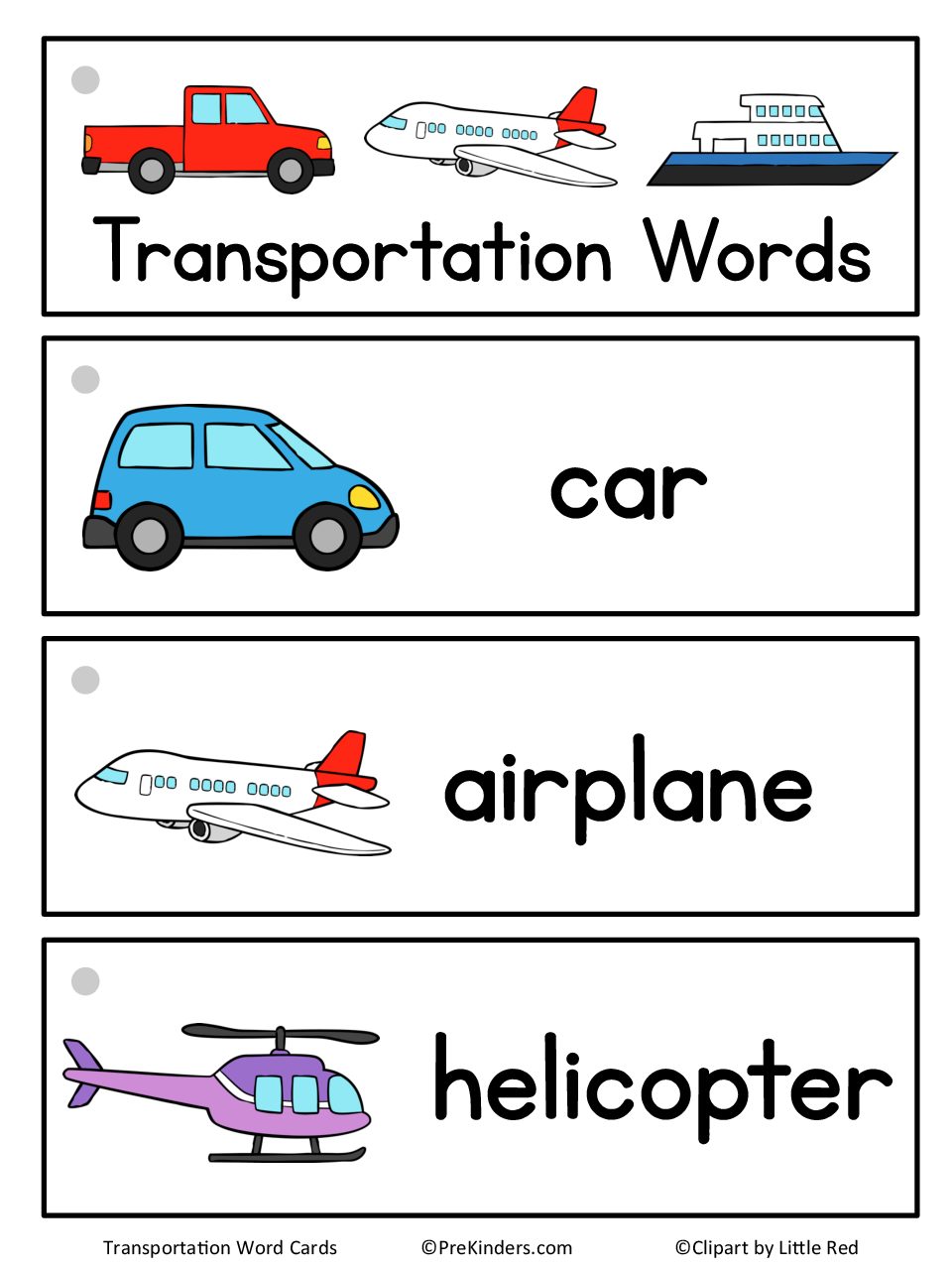 Transportation Word Cards PreKinders