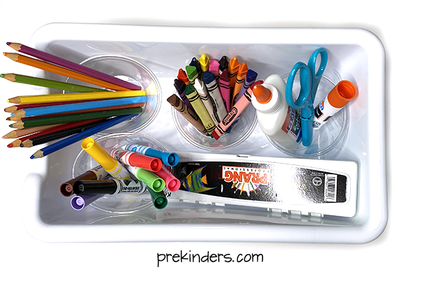 Individual art supplies in a bin