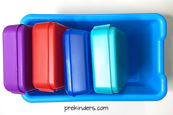 Art supplies in pencil boxes for individual centers