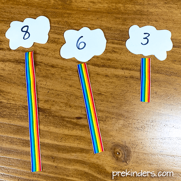 Rainbow Measurement Activity: Measure the rainbow ribbons and match to the number clouds