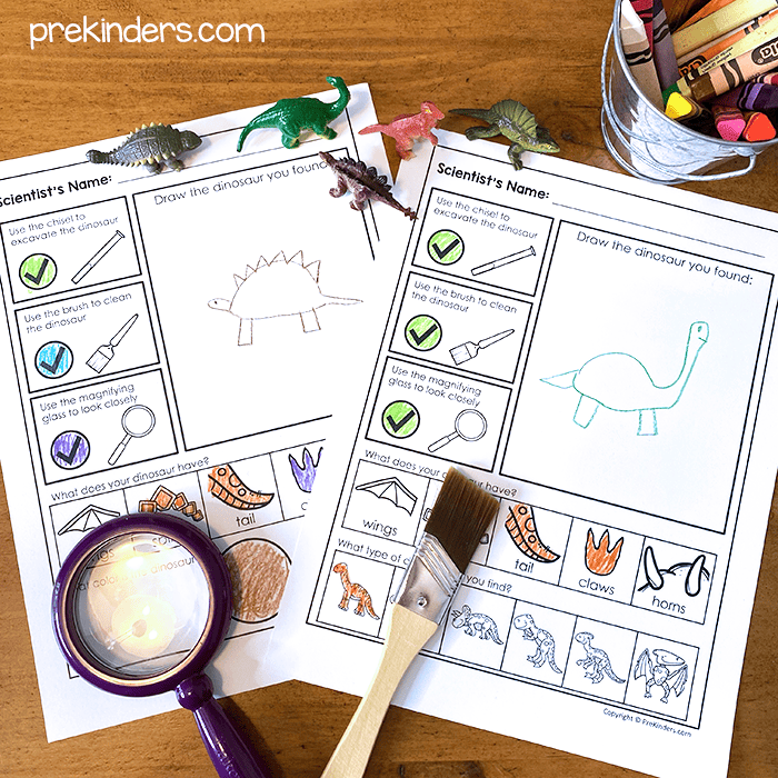 Dinosaur Fossil Excavation Science Activity with printable preschool kindergarten