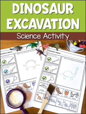Dinosaur Fossil Excavation Science Activity with printable preschool kindergarten
