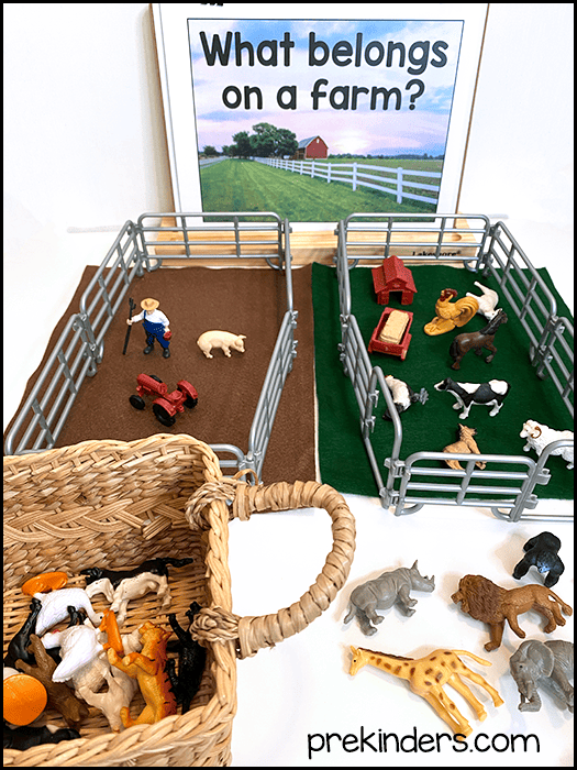 farm animals in science center, sort and classify which animals belong on a farm